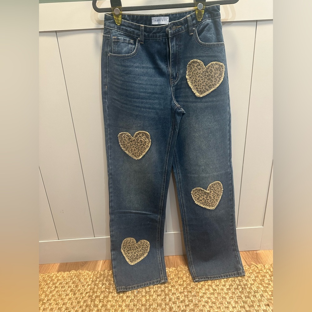 Denim Jeans with Leopard Heart Patches